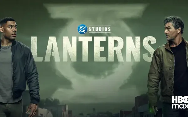 HD PC desktop wallpaper for Lanterns (2026) TV show: two men face off beneath a giant lantern emblem and title over a muted green cityscape, HBO Max logo.