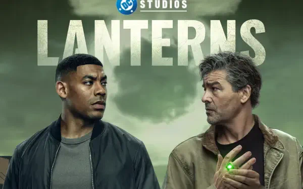 Lanterns (2026) TV show 4K UHD desktop wallpaper: two men face each other against a stormy green sky, one with a glowing green ring in hand, DC Studios title above.