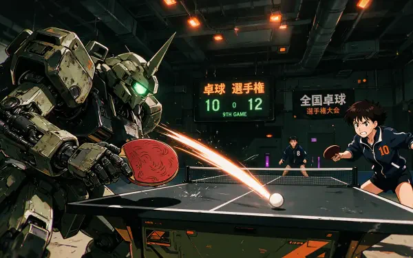 4K Ultra HD PC desktop wallpaper/background — Anime table tennis showdown: a glowing-eyed mecha returns a shot against a determined teenage player in a dramatic indoor arena.