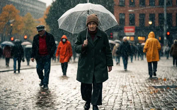 4K Ultra HD PC desktop wallpaper and background: man under an umbrella walking through rain on a wet cobblestone street, pedestrians in colorful coats and blurred city buildings behind.
