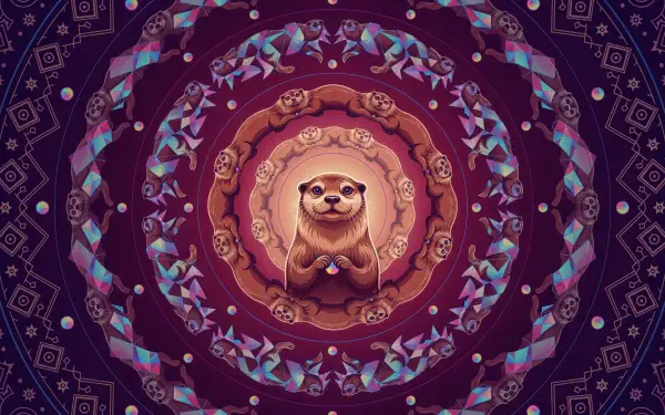 4K Ultra HD PC desktop wallpaper and background — whimsical mandala with a smiling otter‑sloth character at center, surrounded by concentric rings of leaves and geometric patterns in purple tones.