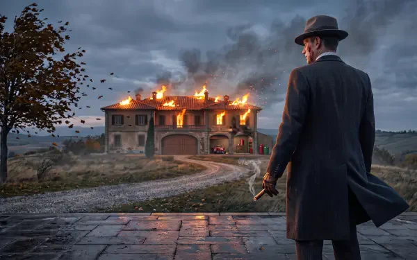 2K Quad HD PC desktop wallpaper: Italian mafia mobster in coat and fedora watches a mansion on fire at dusk, smoke rising over the countryside.