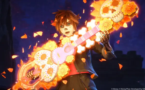 4K Ultra HD PC desktop wallpaper for the video game Kingdom Hearts IV (Kingdom Hearts): anime-style protagonist wields a flaming skull-and-rose guitar as petals glow against a night skyline.