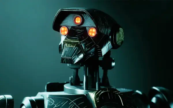 Video game HD PC desktop wallpaper: Typhon droid from Star Wars: Zero Company — a menacing black battle droid with glowing orange sensors on a teal background.
