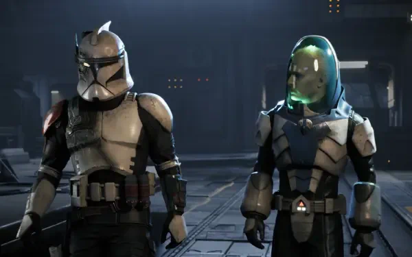 HD PC desktop wallpaper and background featuring two armored Star Wars soldiers from the video game Star Wars: Zero Company standing in a dim industrial hangar