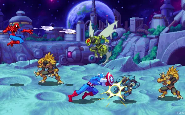 HD PC desktop wallpaper and background from the video game MARVEL Cosmic Invasion showing Captain America and Spider-Man battling alien insectoid foes on a neon lunar cityscape.