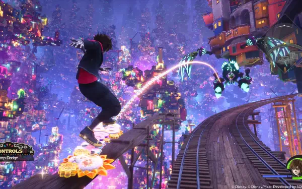 4K Ultra HD PC desktop wallpaper: Kingdom Hearts IV (Kingdom Hearts video game) scene of a protagonist on a glowing skateboard leaping through a neon, floating cityscape.
