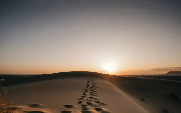 4K Ultra HD PC desktop wallpaper: desert dunes at sunset with long shadows and a trail of footprints leading toward the glowing horizon.