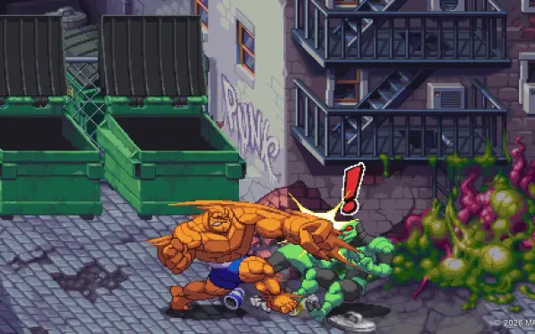 HD PC desktop wallpaper from the video game MARVEL Cosmic Invasion: Thing (Marvel Comics) smashes green toxic ooze in a pixel-art fighting game alley.