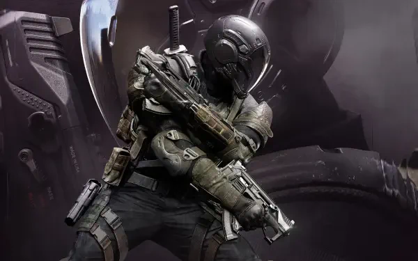 Futuristic armored soldier from Call of Duty: Black Ops 7 grips a pistol across his chest against a dark sci‑fi backdrop — 2K Quad HD PC desktop wallpaper.