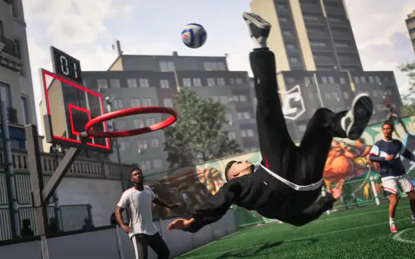 4K Ultra HD PC wallpaper: EA SPORTS FC 27 video game — high-flying acrobatic play on an urban outdoor basketball court, player mid-air near rim with ball above.