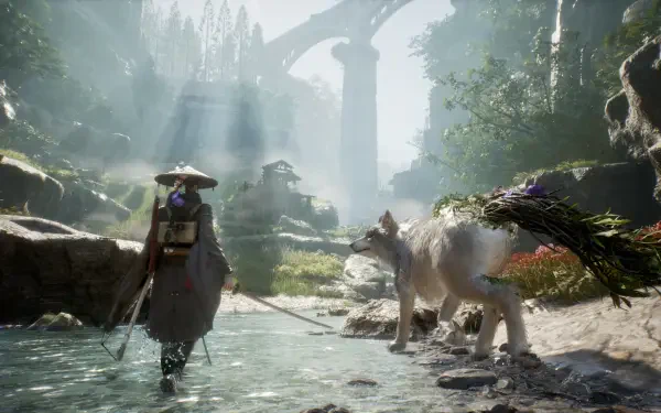 4K Ultra HD PC desktop wallpaper: cinematic video game scene of a robed traveler beside the Beast of Reincarnation — a wolf — standing in a misty forest glade beneath ancient stone arches.