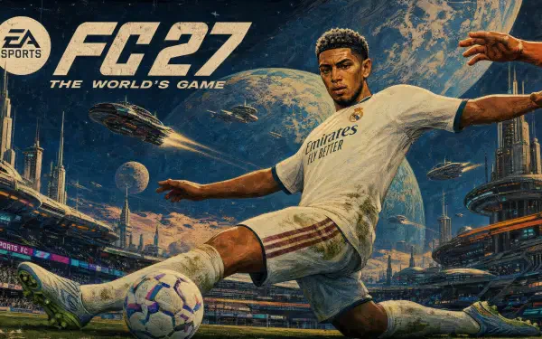 EA SPORTS FC 27 cover art: dynamic 4K Ultra HD PC desktop wallpaper of a soccer player sliding for a ball in a futuristic stadium — video game soccer background.