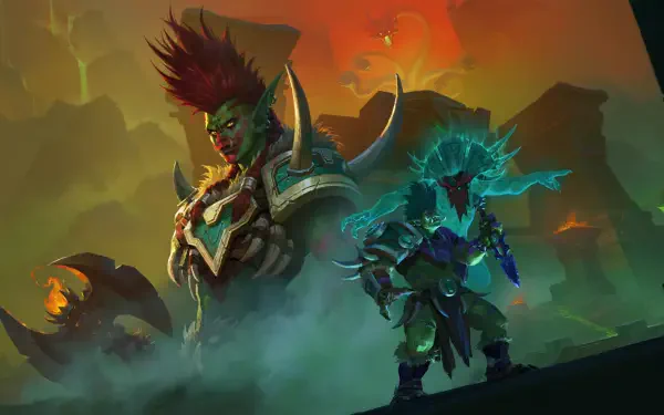 Video game World of Warcraft 2K Quad HD desktop wallpaper: two orc warriors—one towering in spiked armor with flaming hair and a smaller glowing ally amid smoky, lava-lit battlefield.