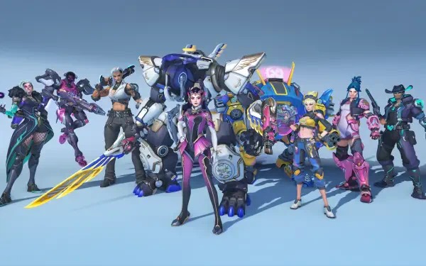 Overwatch video game 4K Ultra HD PC desktop wallpaper: a lineup of colorful heroes with D.Va and her mech at center, posed against a pale blue background.