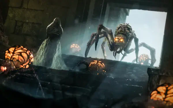 4K Ultra HD PC desktop wallpaper: Call of Duty: Black Ops 7 video game scene with a towering spider monster and smaller arachnids scuttling down a ruined stone stairwell.
