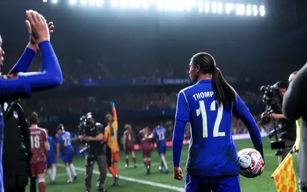 4K Ultra HD PC desktop wallpaper of the EA SPORTS FC 27 video game soccer athlete (#12) walking onto a floodlit stadium pitch with teammates and cameras.