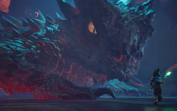 4K Ultra HD PC desktop wallpaper: towering dragon-like monster from Grounded 2 looms over a tiny armored player wielding a glowing weapon in a dark, bioluminescent cavern.