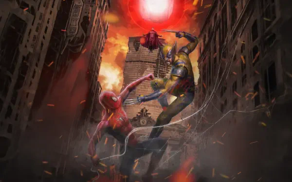 5K Ultra HD PC desktop wallpaper: Avengers: Doomsday — Spider-Man and Thor clash in a burning, ruined city canyon beneath a glowing red sun, dramatic Avengers action scene.