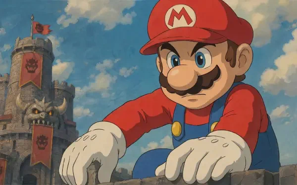 2K Quad HD PC desktop wallpaper of Mario (Character) from Nintendo: close-up of him in his red cap and gloves leaning on a stone wall with a castle and blue sky behind.