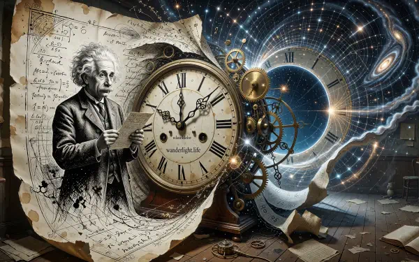 Surreal fantasy Space & Time scene: scientist portrait beside a giant clock, exposed gears and cosmic spirals, papers and equations — 2K Quad HD PC desktop wallpaper/background.