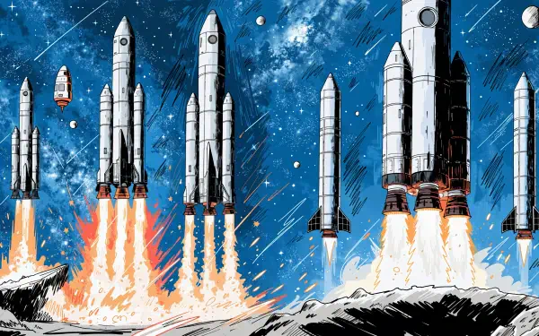 4K Ultra HD PC wallpaper showing multiple SpaceX rockets and spacecraft launching into a starry blue sky, fiery plumes lighting a rocky launchpad.