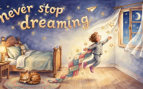 4K Ultra HD PC desktop wallpaper: never stop dreaming across a starry sky, a girl in pajamas leaps from her bed toward a star-filled window while a cat sleeps nearby.