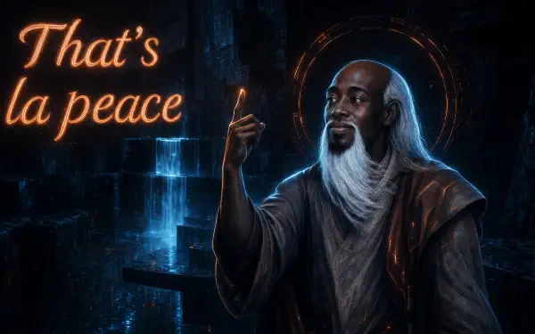 La Peace (meme) 4K Ultra HD PC desktop wallpaper: wise bearded sage in a dark futuristic chamber raising a finger, neon That's la peace text.