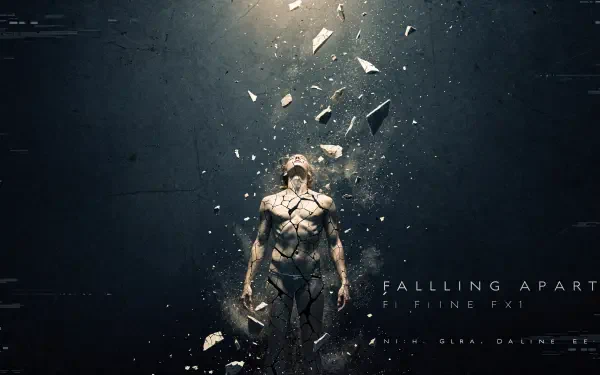 4K Ultra HD PC desktop wallpaper shows a superhero man falling apart, his body cracking into shards and debris as he drifts in a dark, atmospheric void.
