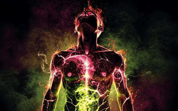 Silhouette of a human figure crackling with neon pink and green energy veins, glowing chest and head; 4K Ultra HD PC desktop wallpaper and background.