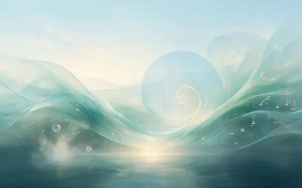 Abstract 4K Ultra HD PC desktop wallpaper: serene water wave with peaceful energy, soft teal swirls and a glowing orb reflecting across a calm sea background.