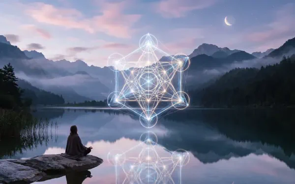 5K Ultra HD PC desktop wallpaper: lone meditator on a lakeshore at dawn, glowing sacred geometry above mirrored water, misty mountains and crescent moon — serene meditation scene.