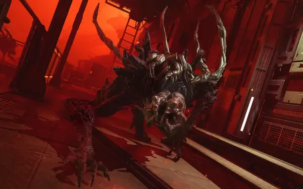 HD PC desktop wallpaper from the video game Alien Deathstorm: a snarling biomechanical alien monster prowls a blood-red industrial corridor.