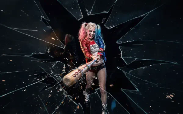 Harley Quinn digital art: punk-costumed figure with red/blue pigtails smashing through shattered glass, bat raised — 5K Ultra HD PC desktop wallpaper/background.