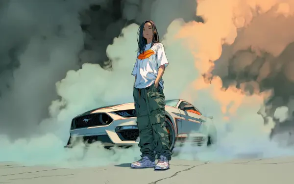 Digital Art 5K Ultra HD PC wallpaper: a girl in cargo pants stands amid billowing smoke in front of a sports car under dramatic clouds.