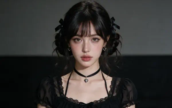 Dark coquette portrait of a woman in black lace dress, heart choker and ribboned pigtails — 2K Quad HD PC desktop wallpaper/background.