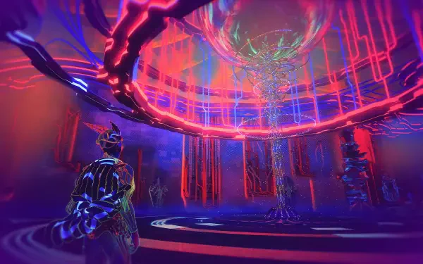 4K Ultra HD PC desktop wallpaper background from ETRE (Video Game): neon cyberpunk scene — futuristic chamber with glowing pillars, holographic tree and armored figures.