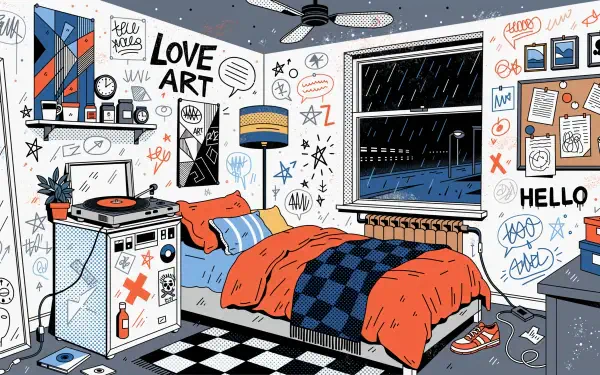 Aesthetic bedroom interior with graffiti wall art, colorful bed and records, checkered floor and rainy window — stylized 4K Ultra HD PC desktop wallpaper and background.