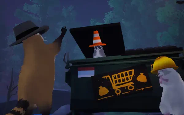 4K Ultra HD PC desktop wallpaper/background from video game Dumpster Gang: raccoon in fedora, hard‑hat cat and cone‑capped animal gathered around a graffiti‑covered dumpster/trash can at night.