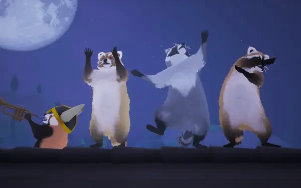 4K Ultra HD PC desktop wallpaper from the video game Dumpster Gang: penguin characters dancing on a rooftop beneath a full moon against a deep blue night sky.