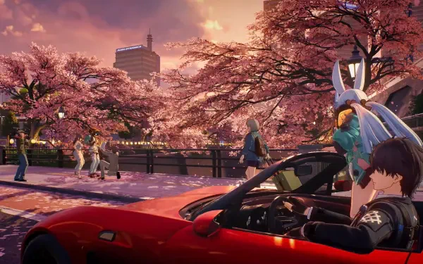 HD PC desktop wallpaper — anime-style scene from the video game Ananta: characters beside a red sports car under blooming cherry blossoms at sunset.