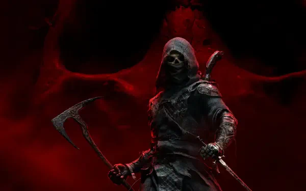 Mortal Shell II video game 4K Ultra HD PC desktop wallpaper and background: hooded skeletal warrior in dark armor wielding a poleaxe and sword against a blood-red smoky backdrop.