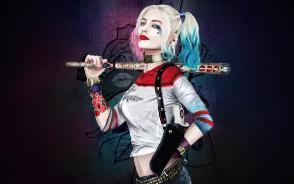 Harley Quinn digital art 5K Ultra HD PC desktop wallpaper — pigtail Harley with red and blue makeup, holding a bat over her shoulder against a dark, textured backdrop.