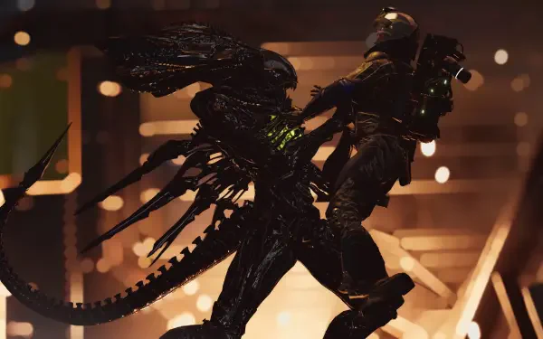 Video game 4K Ultra HD PC wallpaper — Aliens: Fireteam Elite 2: a spiky alien monster lunges at an armored marine amid a dim, glowing industrial corridor.