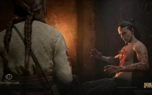 4K Ultra HD PC desktop wallpaper from the horror video game The Blood of Dawnwalker: a bloodied man recoils while another figure watches in a dim, torchlit room.