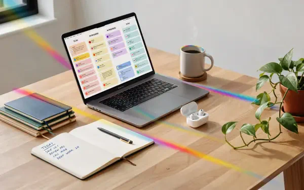 4K Ultra HD PC desktop wallpaper: productivity workspace with laptop displaying a colorful planner, notebook with pen, stacked journals, coffee mug and potted plant on a wooden desk.