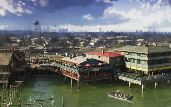 Grand Theft Auto VI 4K Ultra HD PC wallpaper: sunlit waterfront pier with dockside buildings and small boats on green water beneath a partly cloudy sky.