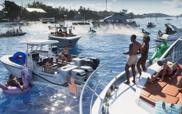 Grand Theft Auto VI (Grand Theft Auto) video game 4K Ultra HD PC desktop wallpaper: sunlit yacht party with boats, jet skis and a crowded harbor.