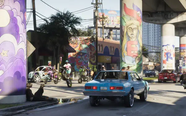 Grand Theft Auto VI (Grand Theft Auto) video game 4K Ultra HD PC wallpaper: blue car drives beneath colorful mural-covered overpass on a bustling urban street with bikers and pedestrians.