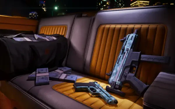 Grand Theft Auto VI 4K PC wallpaper: backseat of a car scattered with cash bundles and two guns, neon city lights through the windows — video game Grand Theft Auto scene